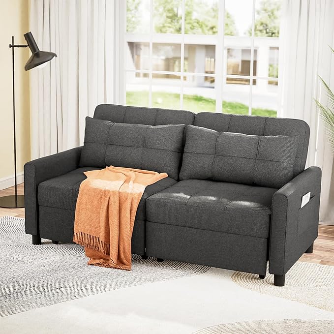 Aiho 58" Sleeper Sofa Bed, Pull-Out Couch with Adjustable Backrest and Side Pocket for Living Room (Dark Gray)