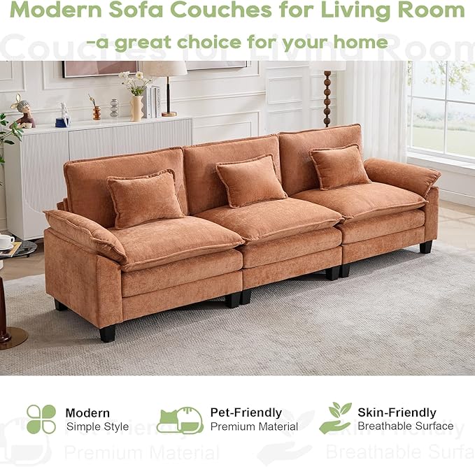 120" Modular Sectional Sofa, Comfy Cloud Couch Sectional, Chenille Sofa Sleeper Deep Seat Sofa with Throw Pillows for Living Room (Orange, 120"- 3 Seater)