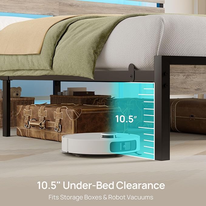 Rolanstar Bed Frame King Size with USB Charging Station, LED Bed Frame with Wood Storage Headboard, Light Grey Metal Platform Bed with Under Bed Storage, No Box Spring Needed, Noise Free
