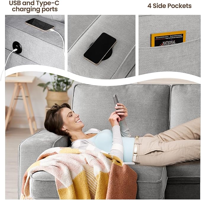 ASHOMELI 99" Convertible Sleeper Sofa Bed,L Shaped with Storage Chaise Pull Out Couch for Living Room,USB and Type-C,Removable Washable Chenille Covers (Gray)
