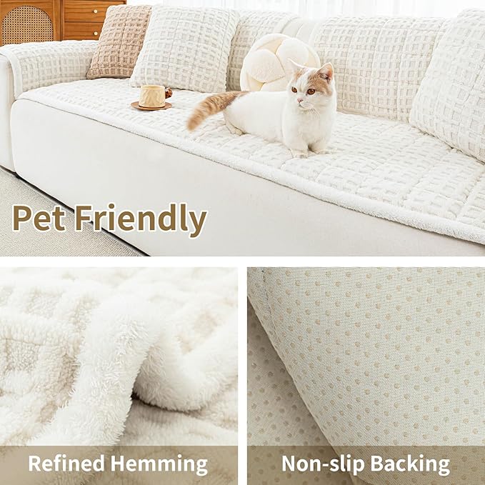 Dog Couch Cover, Couch Cover for Dogs Washable, Funny Fuzzy Plush Sofa Covers, Non Slip Dog Covers for Couches and Sofas, Sofa Pad Furniture Protector for L Shaped(Beige White, 27.6"x 59")