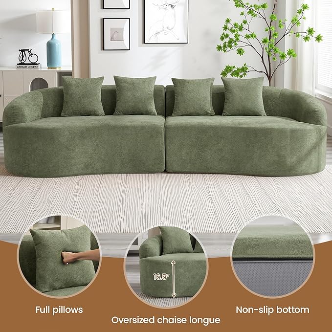 110" Boneless 4 Seater Sofa Couch, Modern Oversized Curved Cloud Sofa, Chenille 4-Seater Deep Seat Sectional Couches for Living Room, No Assembly, Green