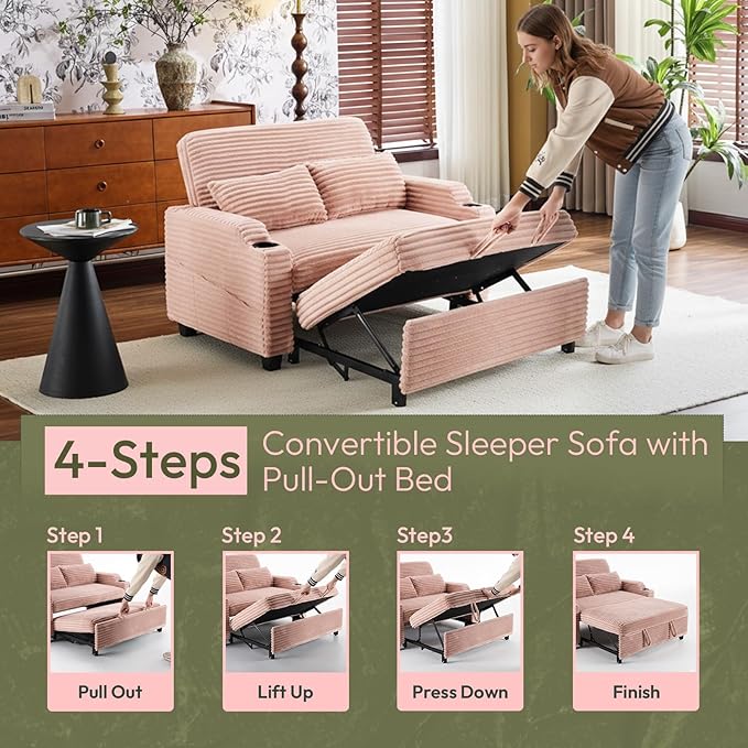 VINGLI Pink Futon Sofa Bed Convertible Loveseat Sleeper Sofa Couch, Corduroy Pullout Sofa Fold Out Couch Bed with USB Ports, Cup Holders, Armrest for Living Room, Bedroom Apartment Room | Loveseat Sleeper