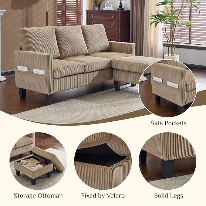 Karl home Small Sectional Couch L Shaped Sofa with Movable Storage Ottoman Corduroy Upholostered Sofa Chaise with Side Pockets for Living Room, Apartment, Studio, Khaki