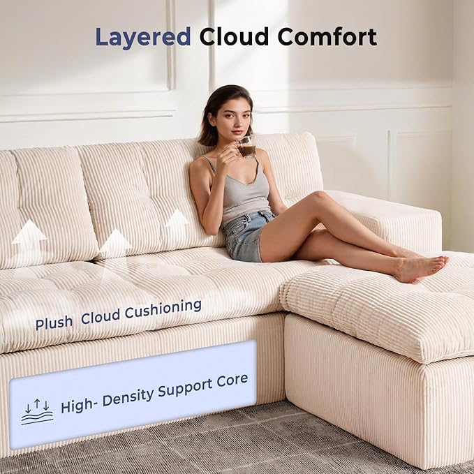 Cloud Sectional Boneless Sofa with Ottoman, Modular L Shaped Couch with Layered Cushion, Fluffy Comfy Couches for Living Room, No Assembly, Beige