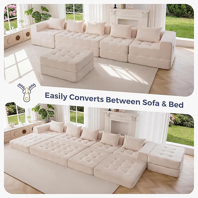 MAXYOYO Modular Sectional Sofa Couch, Foldable U Shaped Cloud Couch with Pillows, Tufted 6-Seat Boneless Sleeper Lounger Floor Sofa Bed for Living Room, No Assembly Required, Beige