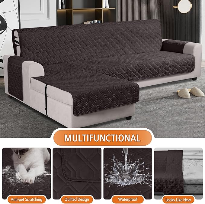 VANSOFY Upgraded Sectional Couch Covers 100% Waterproof L Shaped Sofa Slipcover Reversible Chaise Lounge Cover for Sectional Sofa Furniture Protector Cover for Pets Dog Cat(Large, Chocolate)
