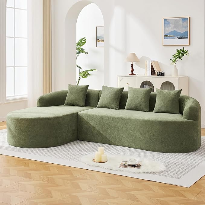 Boneless L Shaped Sofa Couch, Oversized Sectional Curved Cloud Sofa with Chaise Lounge, Chenille 4 Seats Deep Seat Couches for Living Room, No Assembly, Green