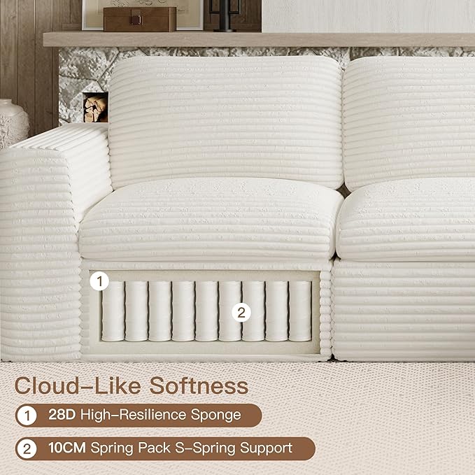 Boneless Loveseat Sofa Plush Corduroy Sectional Couch with Deep Seat Modular Cloud Sectional Couches for Living Room.Biege Sofa.