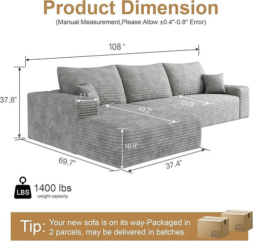108" Sectional Couches for Living Room Cloud Couch Sofa with L-Shape Upholstered Boneless Couchs Modern Modular Sectional Couch with Chaise (Grey, 108" Left Facing Chaise+2Seaters)