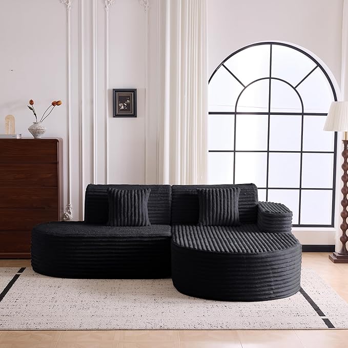 Modern Curved Boneless Sofa Couch, L-Shaped Corner Sofa, Corduroy Upholstered Cloud Sectional Couch for Living Room, Bedroom and Apartment,No Assembly Needed(Black, Right Hand Facing)