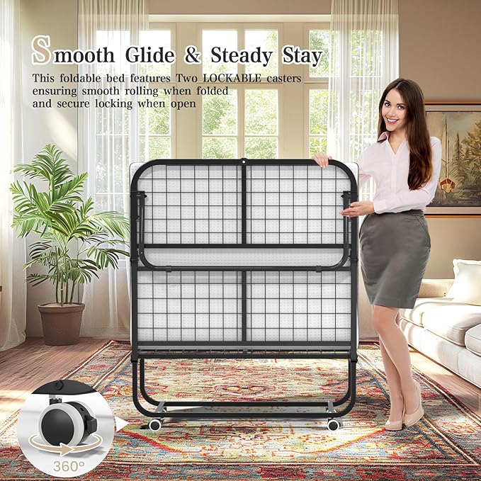 75''x38'' Folding Guest Bed for Adults, Foldable Rollaway Bed with Memory Foam Mattress & Sturdy Fold Up Metal Frame for Bedroom, Office, Apartments, Space-Saving Design for Easy Storage