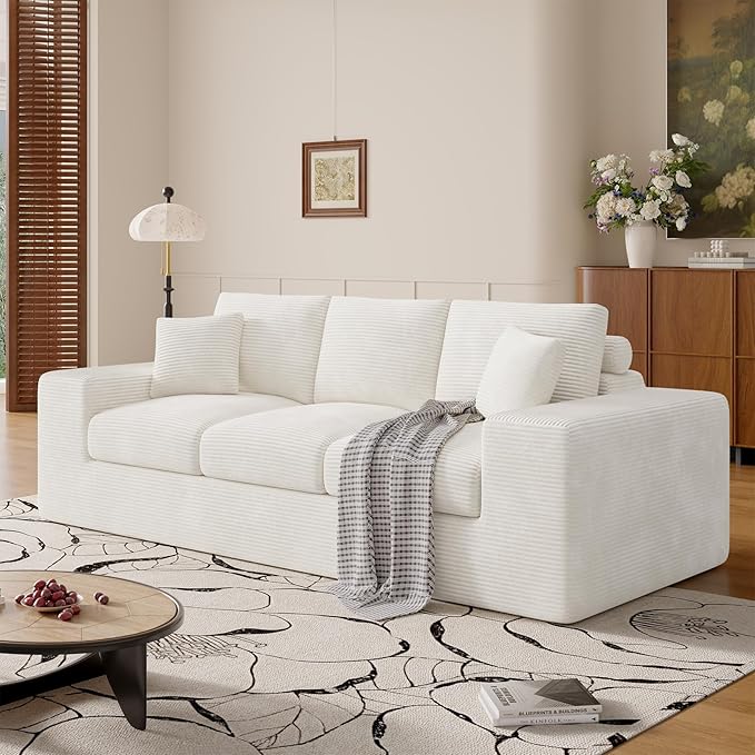 91.7" Boneless Sofa Couch with Layered Cushion,3 Seater Cloud Couch with Deep Seat,Upholstered Corduroy Floor Sofa with Removable Cover &Throw Pillows for Living Room,No Assembly, Beige