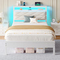 Seventable Bed Frame Twin Size with Charging Station, LED Bed with Upholstered Storage Headboard, Metal Platform Bed with Under Bed Storage, No Box Spring Needed, Noise Free, Easy Assembly, White