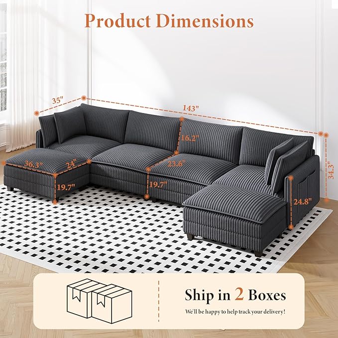 Vesgantti 143" U Shaped Modular Sectional Couch, Comfy Corduroy Upholstered Cloud Sofas for Living Room, Modern 4 Seater Sofa with 2 Movable Ottoman & Throw Pillows, Charcoal Grey