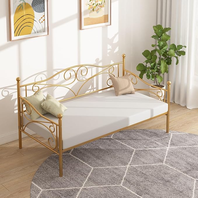 VECELO Daybed Frame, Twin Size Metal Platform Bed with Headboard,Heavy Duty Steel Slats Support for Living Room Bedroom Guest Room, Easy Assembly