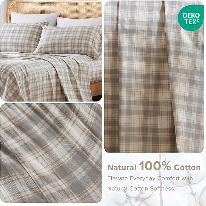Comfort Spaces 100% Cotton Sheets Twin XL, Breathable, Naturally Cool Cotton Sheets, Soft Cotton Bed Sheets with 12" Elastic Pocket Fits up to 14" Mattress, All Seasons Sheet Set, Wesley Taupe 3 Piece