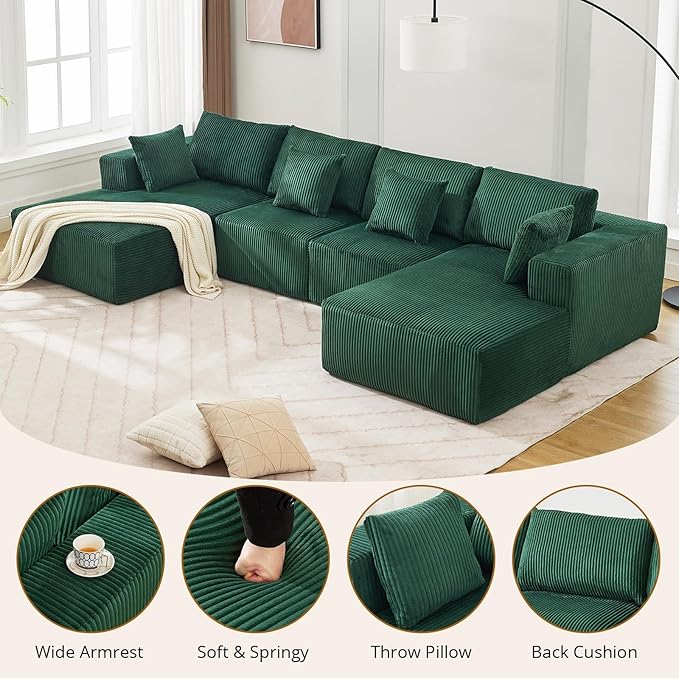 Sectional Cloud Boneless Couch 137" Modern Comfy U-Shaped No Assembly Required Convertible Compression Sleeper Modular Sofa with Corduroy Fabric Deep Seat Single + Chaise for Living Room
