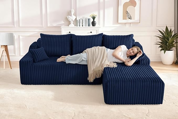 HABUTWAY 94'' Cloud Sectional Couch, Boneless Sofa with Deep Seat, Modular Comfy L-Shape Couch with Chaise for Living Room Bedroom, No Assembly Required(Blue,Right Facing Chaise)