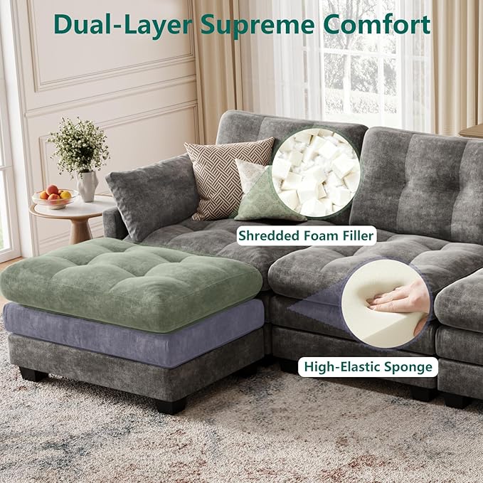 Modular Sectional U Shaped Sofa Couches for Living Room, Cloud Couch with Movable Ottoman, Comfy Chenille Sofa with Pillow for Bedroom and Apartment,Dark Gray-Tufted