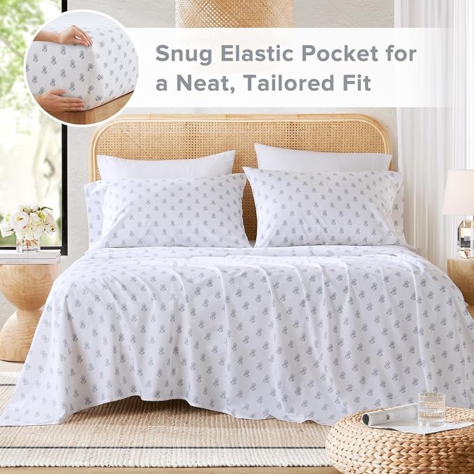 Comfort Spaces 100% Cotton Sheets Queen, Breathable, Naturally Cool Cotton Sheets, Soft Cotton Bed Sheets with 14" Elastic Pocket Fits up to 16" Mattress, All Seasons Sheet Set, Floral Blue 4 Piece