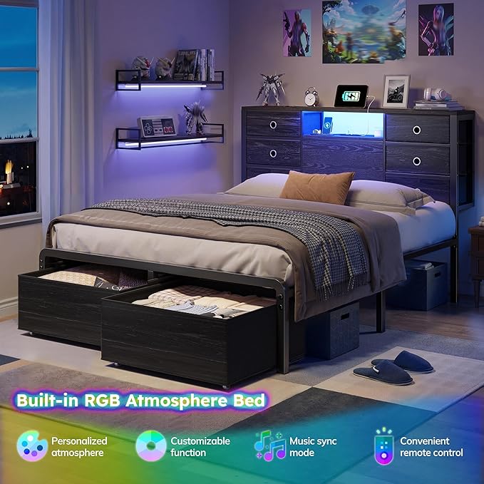 Homkdom Full Size Bed Frame with 8 Fabric Storage Drawers, LED Lights & Charging Station, Metal Platform Bed Frame with Headboard Storage,No-Noise,Easy Assembly,Black
