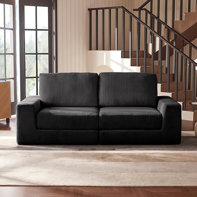 Modular Sectional Sofa, 80.31" Modern Cloud Couch Sectional Sofa with L-Shaped Chaise Comfy Corduroy Fluffy Couch with Deep Seat Boneless Couches for Living Room Bedroom, Black