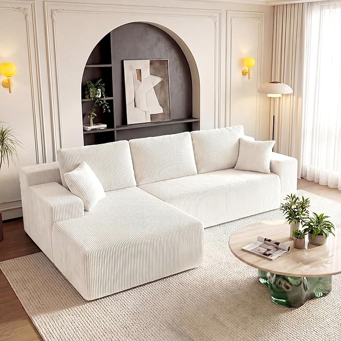 Cloud Sectional Boneless Couches for Living Room, Modular L Shaped Couch with Deep Seat Oversized Left Facing Chaise, Memory Foam Compressed Spineless 3 Seater Sofa for Apartment, Beige | No Assembly Required, Deep Seat, Cat-Claw Resistant, Flexible Mo...