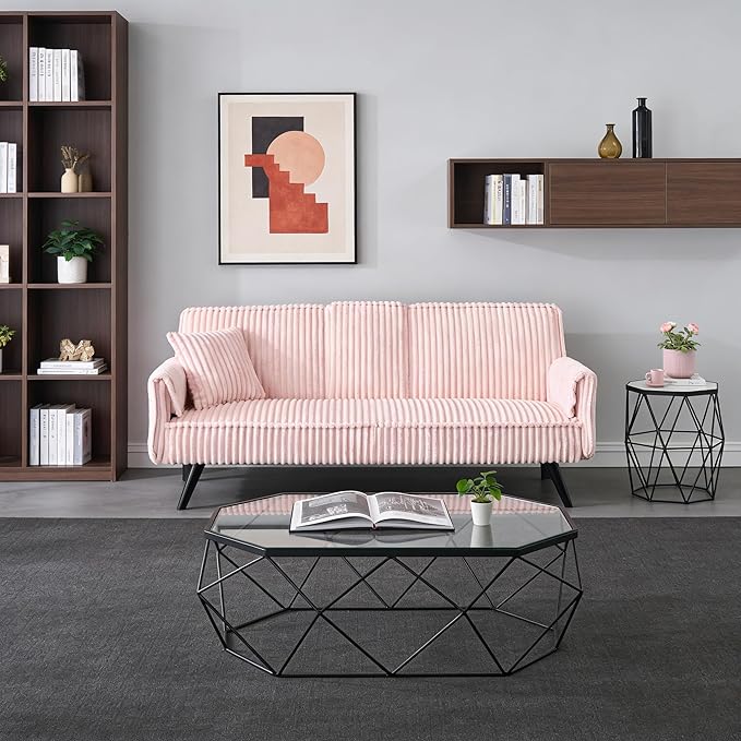 72” Convertible Sofa Bed with Foldable Cup Holder,Straight-line Corduroy Sofa,Suitable for Living Room,Bedroom,Office,Pink