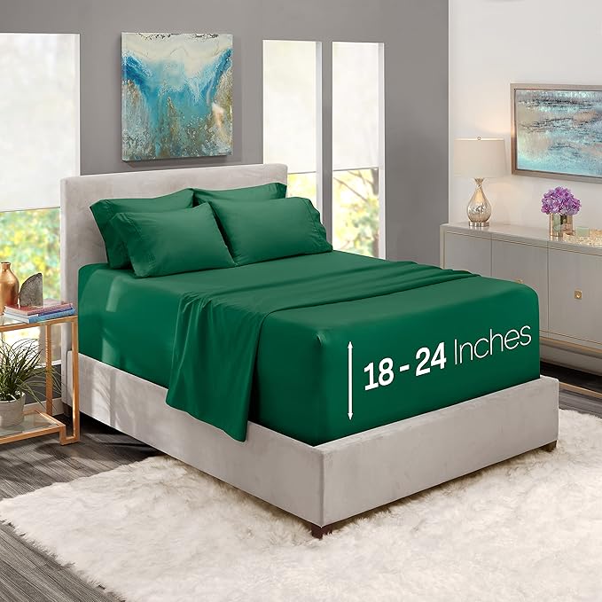 Hearth & Harbor Bed Sheets, Luxury Soft 6 Piece Bed Sheet Set Extra Deep Pocket Fitted Sheets Fits Mattress up to 21", Double Brushed Bedding Sheets & Pillowcases, Cal King, Dark Green