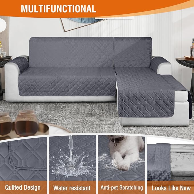 VANSOFY Sectional Couch Covers 100% Waterproof L Shaped Sofa Slipcover 3pcs Reversible Chaise Lounge Cover for Sectional Sofa Furniture Protector Cover for Pets Dog Cat(Small, Dark Gray)