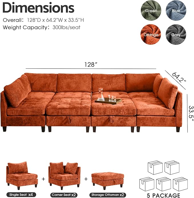 Luxe Oversized Modular Sectional Sofa Set，Modern Chenille Comfy Sectional Cloud Couch for Living Room (6-Seater + 2 * Ottoman + Tea Tray, Orange)