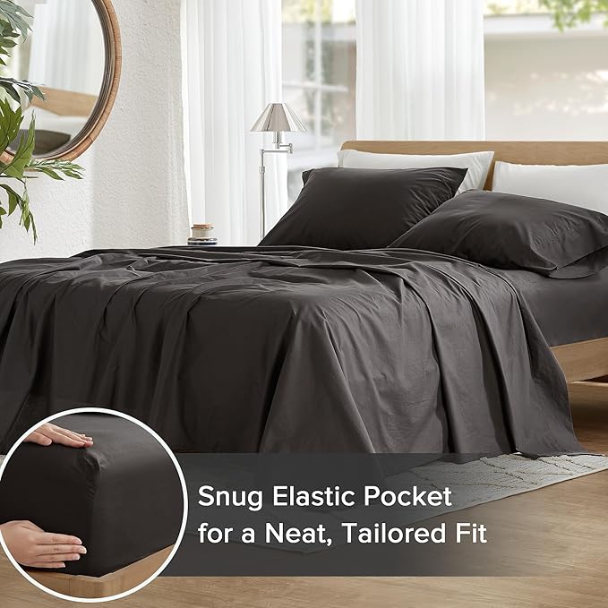 Comfort Spaces 100% Cotton Sheets Cal King, Breathable & Soft Cotton Sheets, Naturally Cool Cotton Bed Sheets with 14" Elastic Pocket Fits up to 16" Mattress, All Season Sheet Set, Black 4 Piece