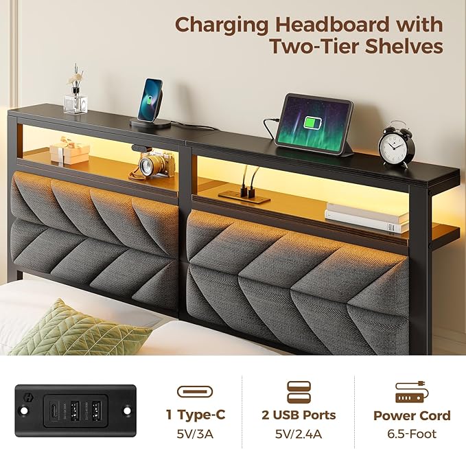 Seventable King Size Bed Frame with Charging Station & LED Lights, Upholstered Headboard with Storage Shelves, Metal Platform with Under Bed Storage, No Box Spring Needed, Easy Assembly, Dark Grey