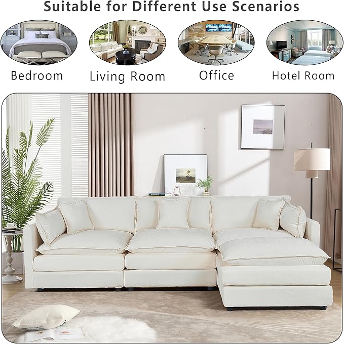 Setawix Deep 3 Seater Couch with Ottoman,112.2" L-Shaped Cloud Couches for Living Room,Chenille Cloud Sofa Couch with Deep Seat,Modular Sectional L Shape 3 Seat Sofa for Bedroom (Beige, 3+1)