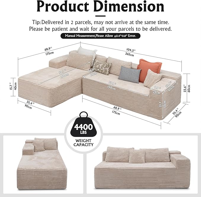 Boneless Modular Sectional Sofa, Cloud Couch with Left Facing Chaise, Oversized Deep Seat, L-Shaped, Soft Corduroy Fabric, Sectional Couch for Living Room -White