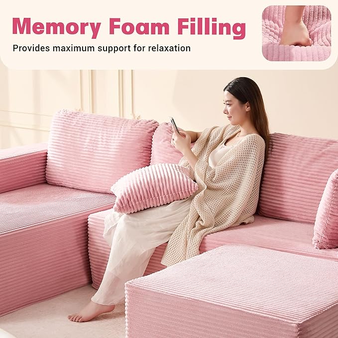107" Boneless Couch with Deep Seat, Set of Modular Sectional Sofa, Cloud Sectional Couch for Living Room, No Assembly Required, Corduroy, U-Shape 3 Seater Left, Pink