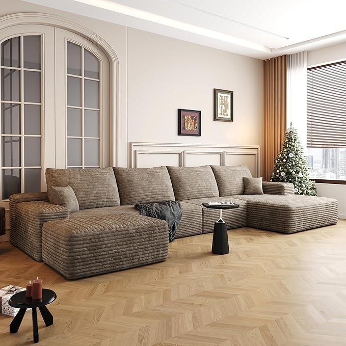 136" Sectional Couches for Living Room Cloud Couch Sofa with L-Shape Upholstered Boneless Couchs Modern Modular Sectional Couch with Chaise (Camel, 136" Right Facing Chaise+3Seaters+Ottoman)