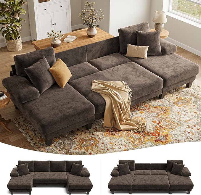 Txtin's Sleeper Sofa with Pull Out Couch Bed | 112 Inch Couches for Living Room | U-Shaped Convertible Sofa Bed | Chenille Brown