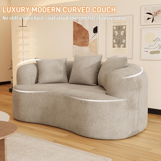 69" Curved Loveseat Sofa for Living Room, Modern Chenille Love Seat Cloud Couch, Luxury Plush Extra Deep Oversized Sofa for Small Spaces, Bedroom, Apartment‌, No Assembly Required, Light Brown
