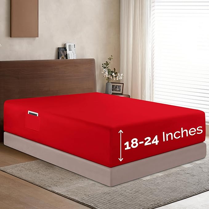 Elegant Comfort 1500 Premium Hotel Quality 18-24 Inches Deep - Extra Deep Pocket Single Fitted Sheet for High Mattress, Luxury and Softest, Smart Pocket - Wrinkle Free, California King, Red