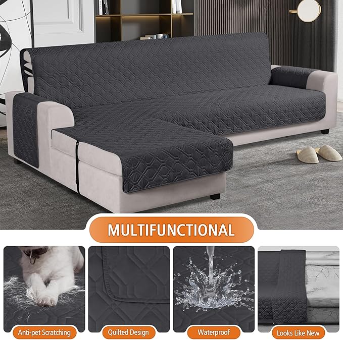 VANSOFY Upgraded Sectional Couch Covers 100% Waterproof L Shaped Sofa Slipcover Reversible Chaise Lounge Cover for Sectional Sofa Furniture Protector Cover for Pets Dog Cat(Large, Charcoal Gray)