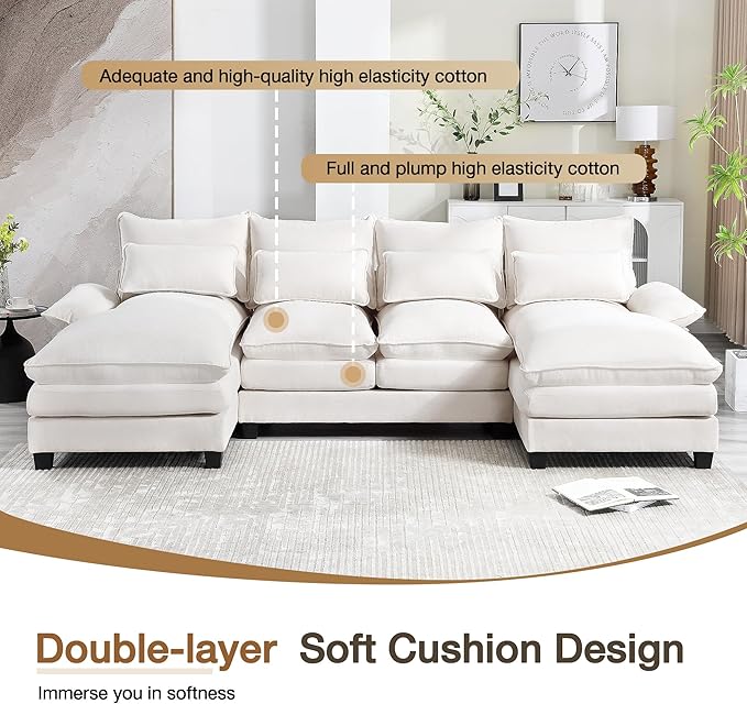 110.2" Modular U Shaped Cloud Couch, Modern 4-Seat Chenille Upholstery Sectional Sofa with Double Chaise & Double Layer Cushions, Deep Seat Comfy Couch for Living Room, Bedroom, Apartment, Beige