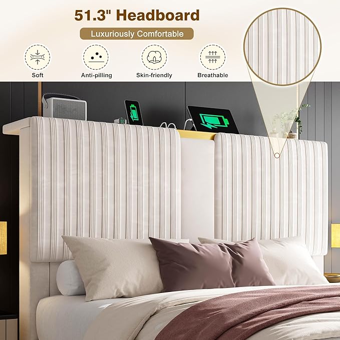 Homkdom Queen Bed Frame with Velvet Storage Headboard, 2 Large Drawers & 3 Charging Ports, 51.3" Tall Platform Bed Frame Queen Size, Sturdy Wood Slats, No Box Spring Needed, Beige