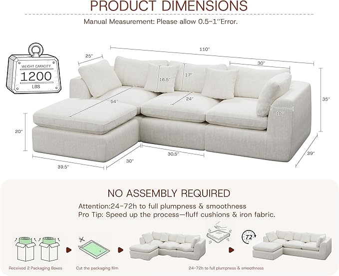 110'' Oversized Cloud Sectional Boneless Couch for Living Room, Modern Big Compressed L Shape Couch with Ottoman & 2 Throw Pillows, Chenille Deep Seat Memory Foam Spineless 4 Seater Sofa,Beige | Premium Chenille, Cloud-Like Comfort, Versatile Style, Wa...