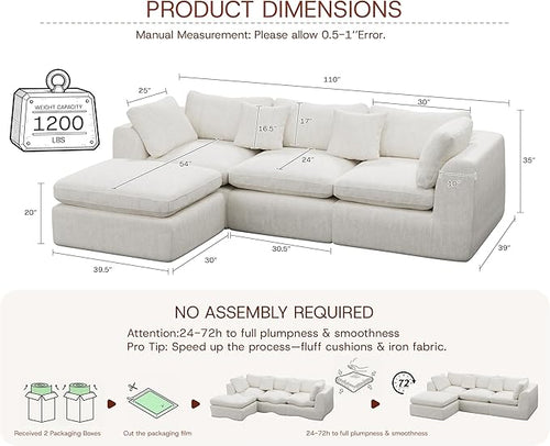 110'' Oversized Cloud Sectional Boneless Couch for Living Room, Modern Big Compressed L Shape Couch with Ottoman & 2 Throw Pillows, Chenille Deep Seat Memory Foam Spineless 4 Seater Sofa,Beige | Premium Chenille, Cloud-Like Comfort, Versatile Style, Wa...