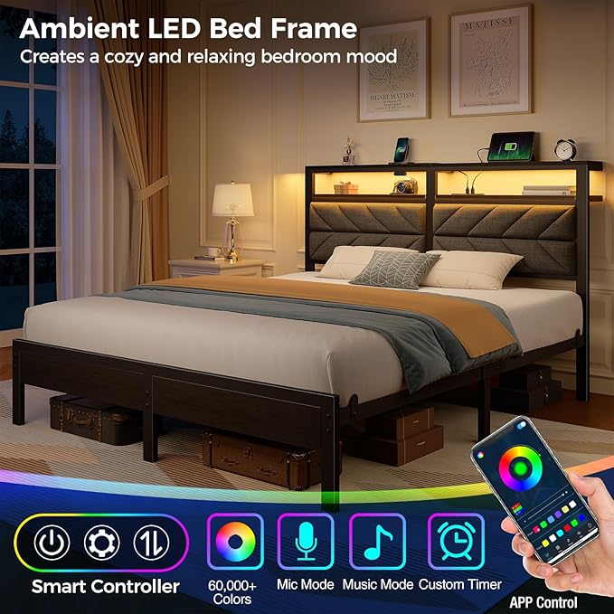 Seventable Bed Frame Queen Size with Charging Station, LED Bed with Upholstered Storage Headboard, Metal Platform Bed with Under Bed Storage, No Box Spring Needed, Noise Free, Easy Assembly, Grey