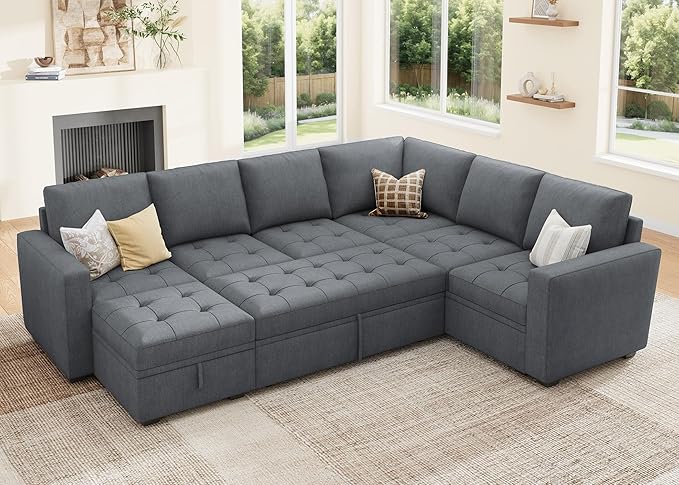 HONBAY Modular Sectional Couch with Pull Out Bed,Moduar Sleeper Sofa with Storage,U Shaped Sectional Couches for Living Room,Bluish Grey