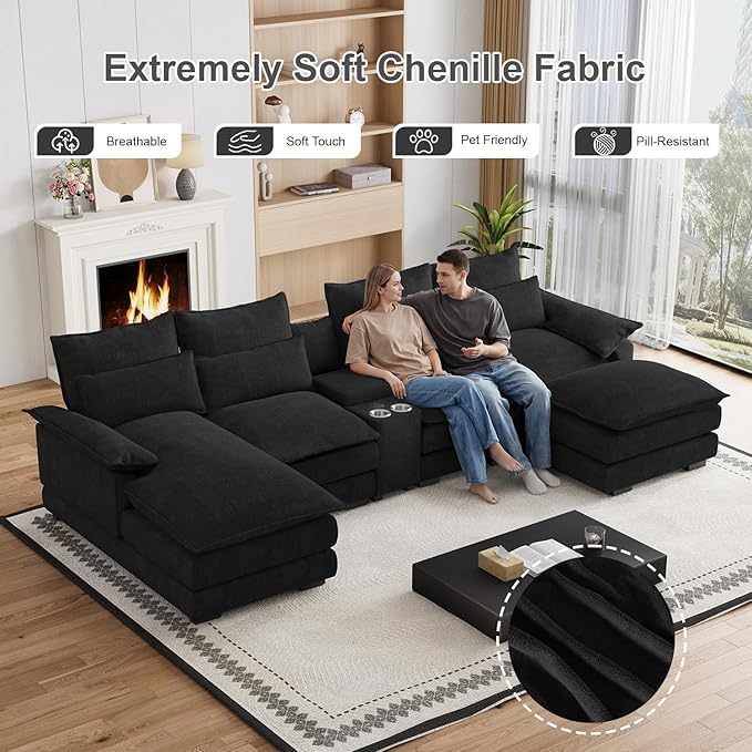 135" U Shaped Cloud Couch Sectional Modular Sectional Couches for Living Room Oversized Comfy Chenille Sofa Cloud Couch Set with Storage Central Console, USB Ports, Chaise Lounge, Ottoman, Black