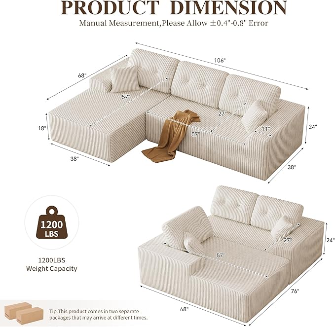 Ball & Cast 106" Boneless Sectional Sofa, Corduroy Modular L Shaped Couch with Deep Seat Chaise, Cloud Style Oversized Sectional Couch for Living Room, No Assembly, Right Facing, Corduroy Beige